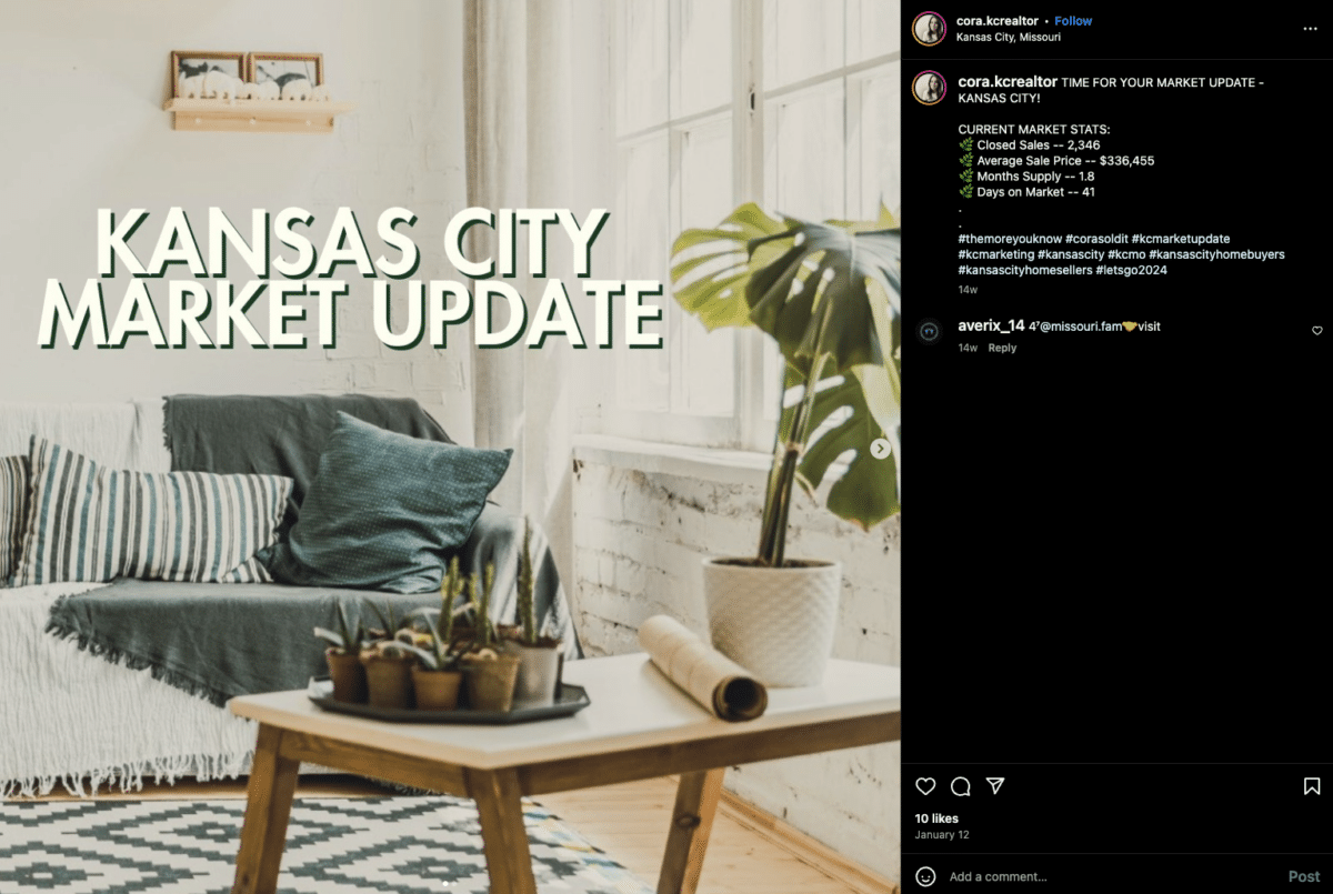 Screenshot of an Instagram post with "Kansas City Market Update" over a photo of a sofa and table in a well-lit apartment.